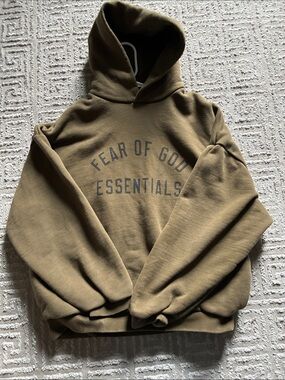 Essentials Hoodie in Olive Brown with Black Logo Patch